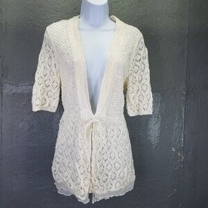 Soft Surroundings Frock Cardigan Women's M Sweater Linen Frills White Fairy Boho